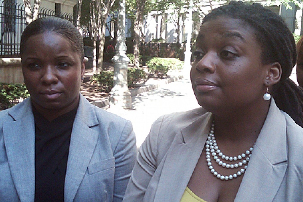 Brandi Johnson (left) and her lawyer, Marjorie M Sharpe, leave federal court in New York, on Tuesday, after a civil jury awarded US$30,000 in punitive damages in addition to the US$250,000 in compensatory damages that had been awarded last week. Photo: AP