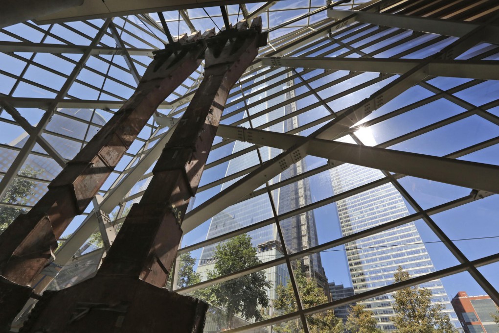 One World Trade Centre is in the background of the steel tridents from the North Tower now in the museum. Photo: AP