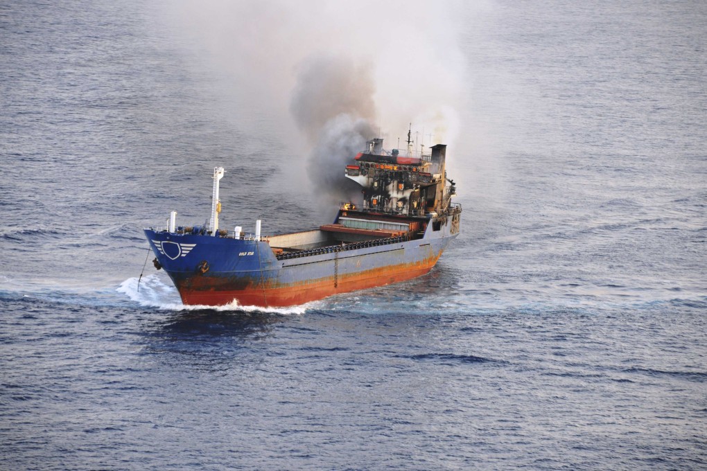 The Gold Star is seen with its bridge in flames some 30 nautical miles north of Malta. Photo: Reuters