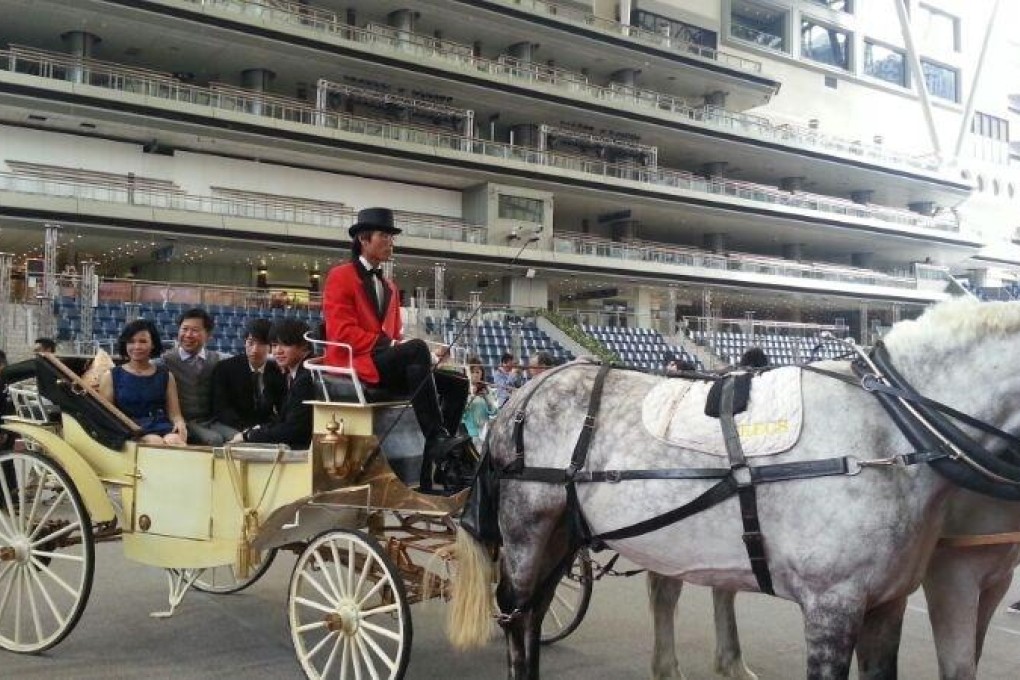 Dennis Yip and his family arrive by horse-drawn carriage for his big celebration party.