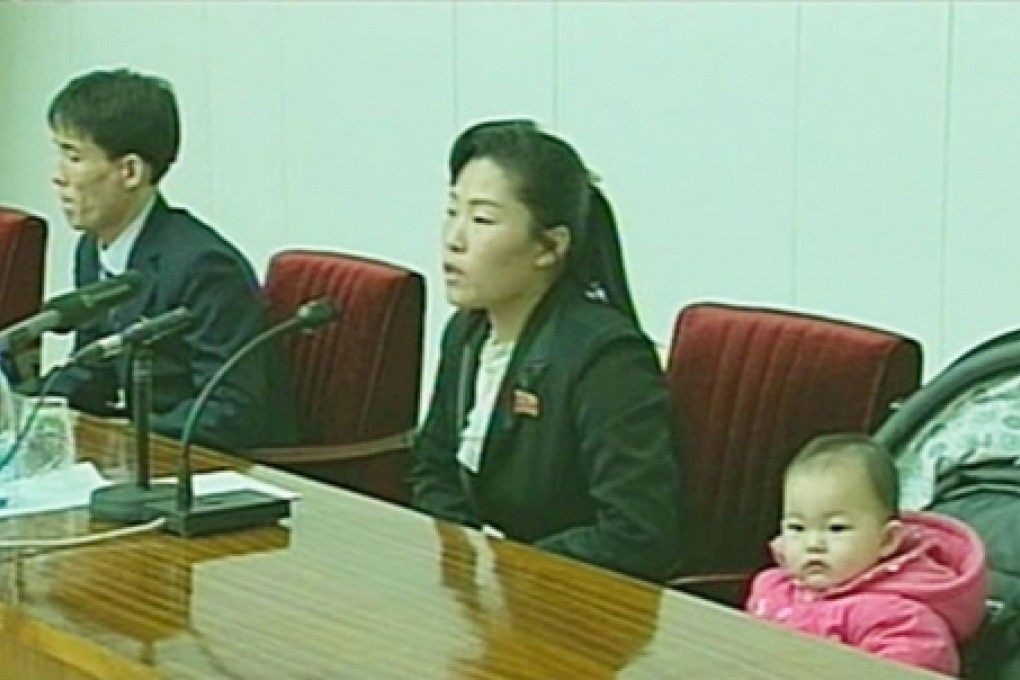 In January, North Korean defector Kim Kwang-ho, his wife and his daughter at a press conference aired by Pyongyang's Korea Central News Agency. Photo: Screengrab via Chosun Ilbo