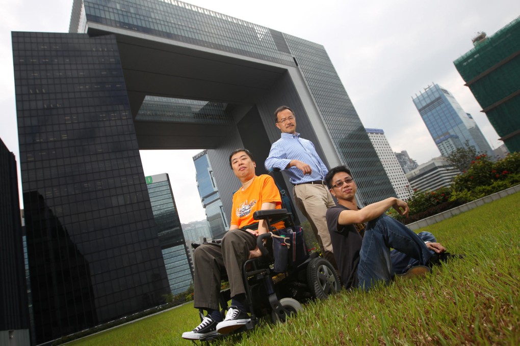 Raymond Lau (left), lawmaker Dr Fernando Cheung and William Tang, of the NGO Silence. Occupy Central is trying to get the disabled community on board. Photo: Felix Wong