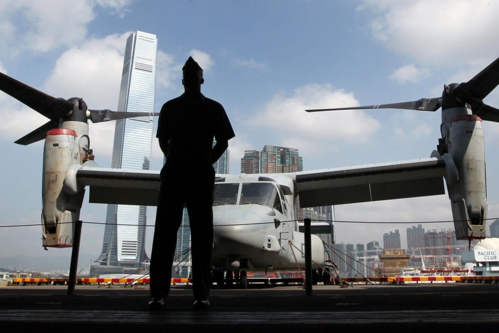 A V-22 Osprey aircraft is seen on the USS Bonhomme Richard, which is docked at the Ocean Terminal in Tsim Sha Tsui. Photo: Nora Tam