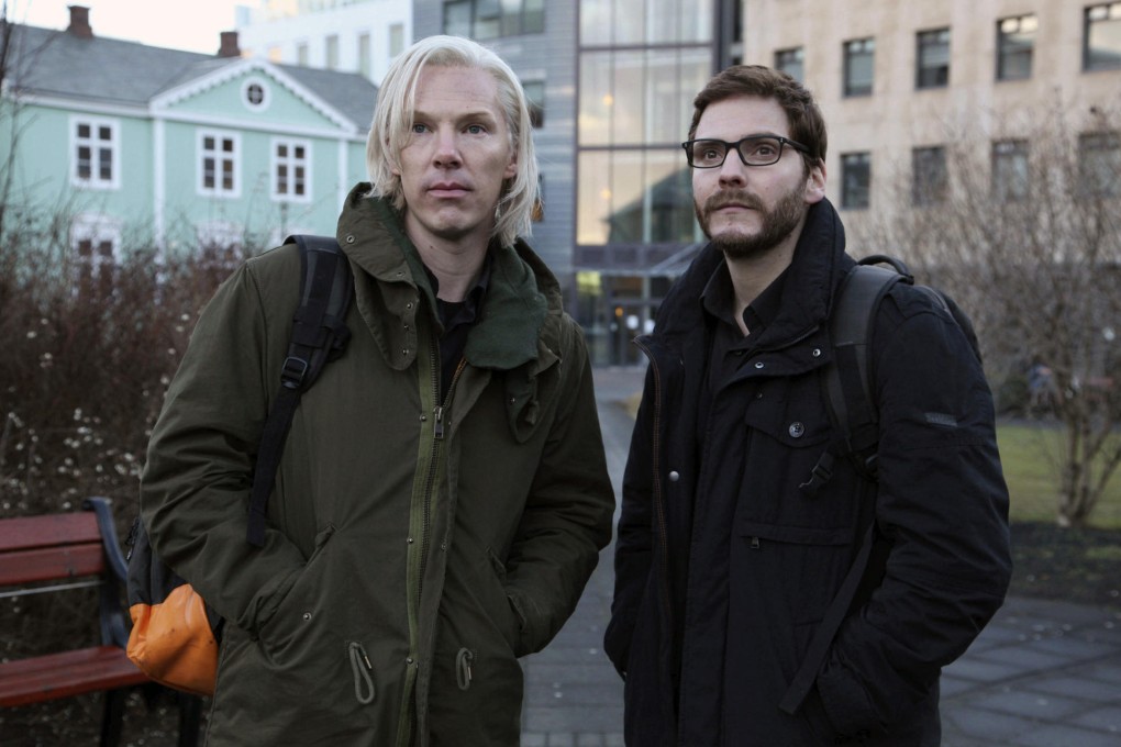 Benedict Cumberbatch as Julian Assange (left) with Daniel Ruhl. Photo: AP