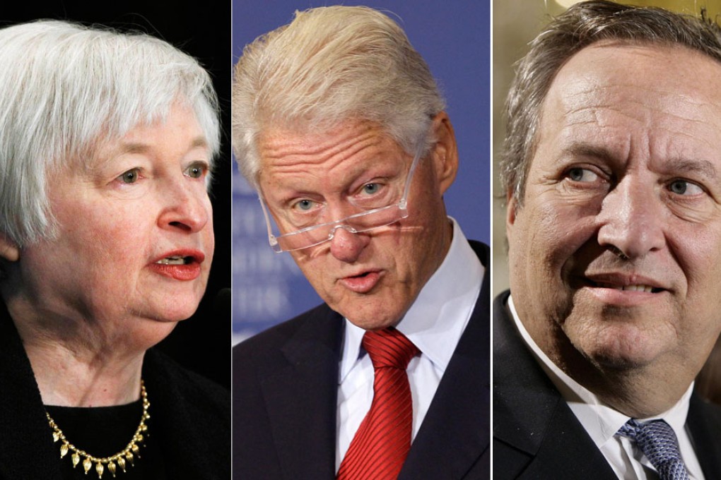 Janet Yellen (left) and ex-treasury secretary Lawrence Summers (right) have a friend in Bill Clinton (centre). Photos: Reuters, AP, AFP