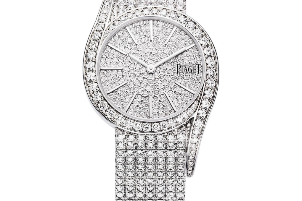 Limelight Gala watch with bracelet and clasp paved with 451 brilliant-cut diamonds (left) and with a black satin strap