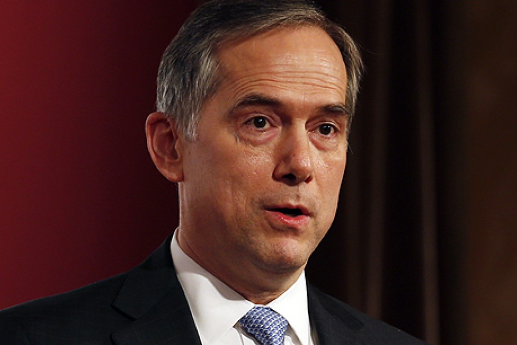 US envoy Clifford Hart addresses the AmCham lunch about his impressions of US-Hong Kong relations. Photo: Reuters