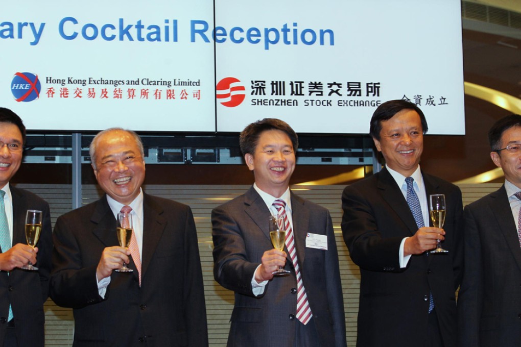Charles Li (second from right) celebrates the first anniversary of China Exchanges Services Co (CESC) with (from left) Secretary for Financial Services and the Treasury Chan Ka-keung, Chow Chung-kong from HKEx, Liaison Office's Sun Xiangyi and CESC's Fu Dewei. Photo: Nora Tam