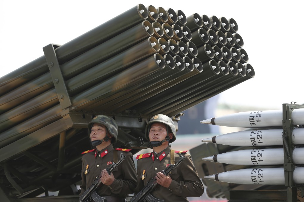 North Korean soldiers parade through Kim Il Sung Square with their missiles and rockets. US experts say Pyongyang is mastering domestic production of essential components for the gas centrifuges needed to make weapons. Photo: AP