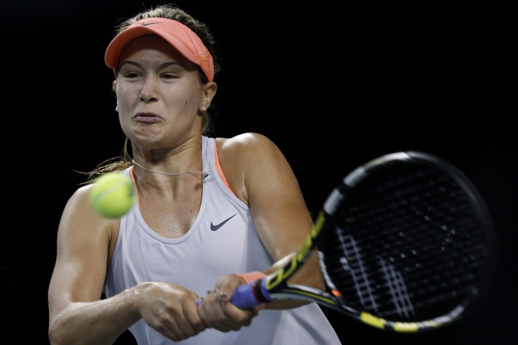 Eugenie Bouchard of Canada returns to Jelena Jankovic of Serbia during their third round match of the Toray Pan Pacific Open tennis tournament in Tokyo, Japan. Photo: EPA
