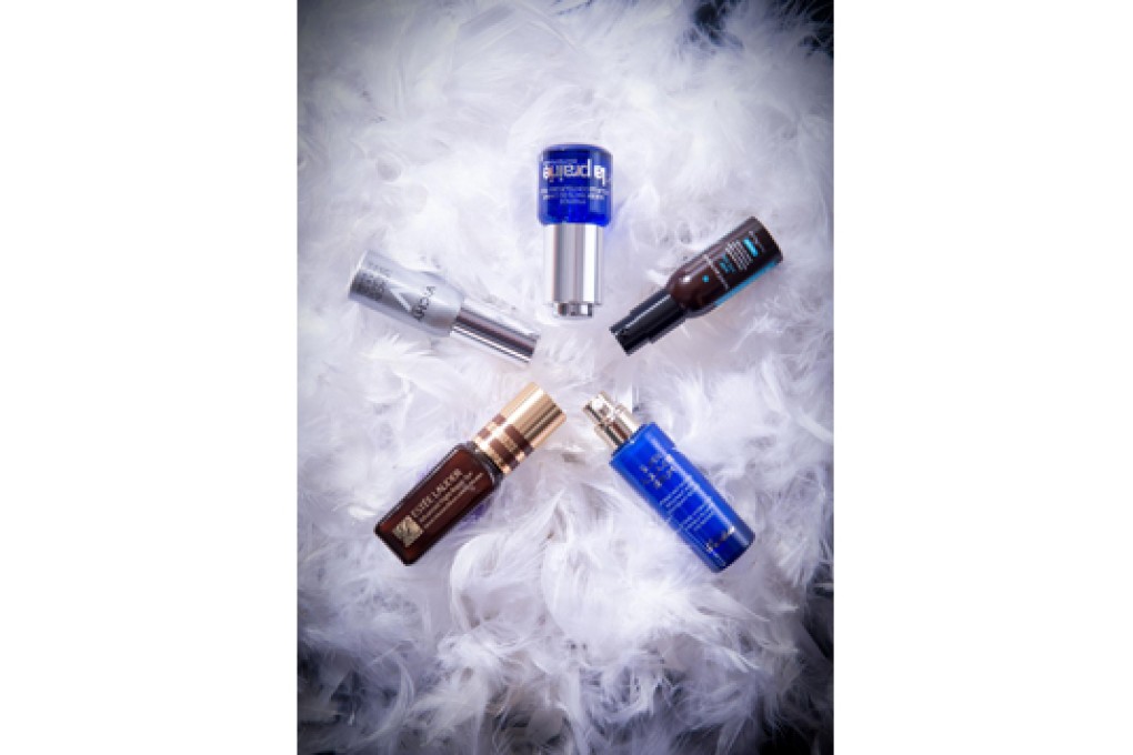 Clockwise from top centre: La Prairie Essence of Skin Caviar Eye Complex (HK$1,170), SkinCeuticals AOX+ Eye Gel (HK$800), Guerlain Super Aqua-Eye Serum (HK$760), Estée Lauder Advanced Night Repair Eye Serum Infusion (HK$550) and Vichy LiftActiv Serum 10 Eyes and Lashes (HK$350). Styling: Christie Simpson. Photo: Red Dog Studio