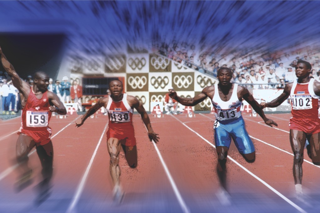 Ben Johnson (far left) celebrates after winning the 100m final at the Seoul Olympics. He was stripped of his medal.