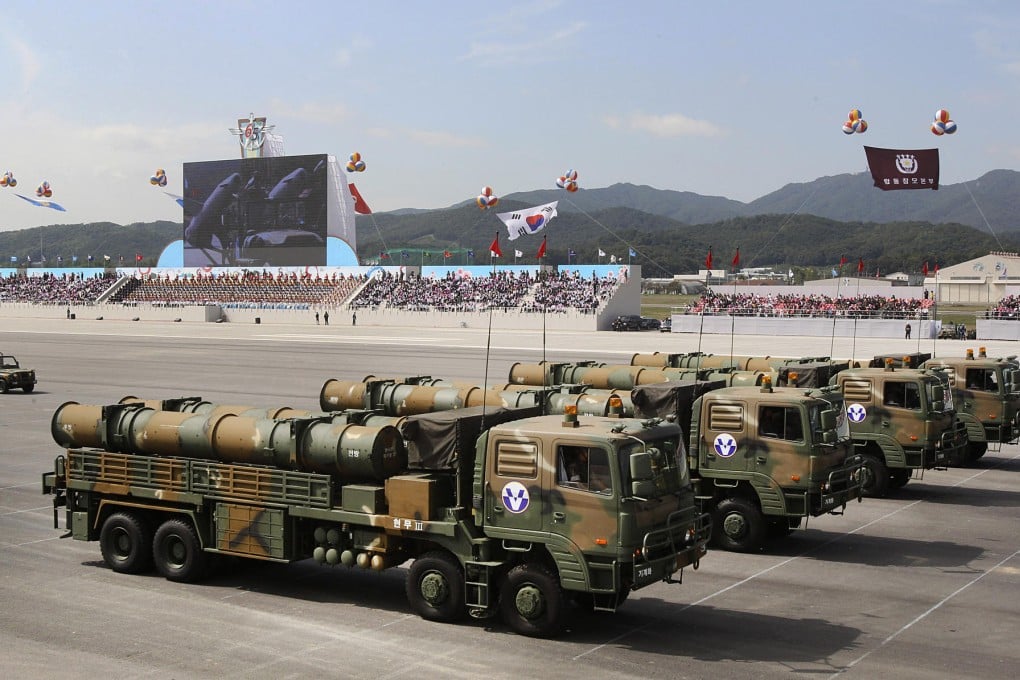 Hyunmu-3 cruise missiles capable of hitting all of North Korea are displayed during yesterday's military parade in Seoul. Photo: AP