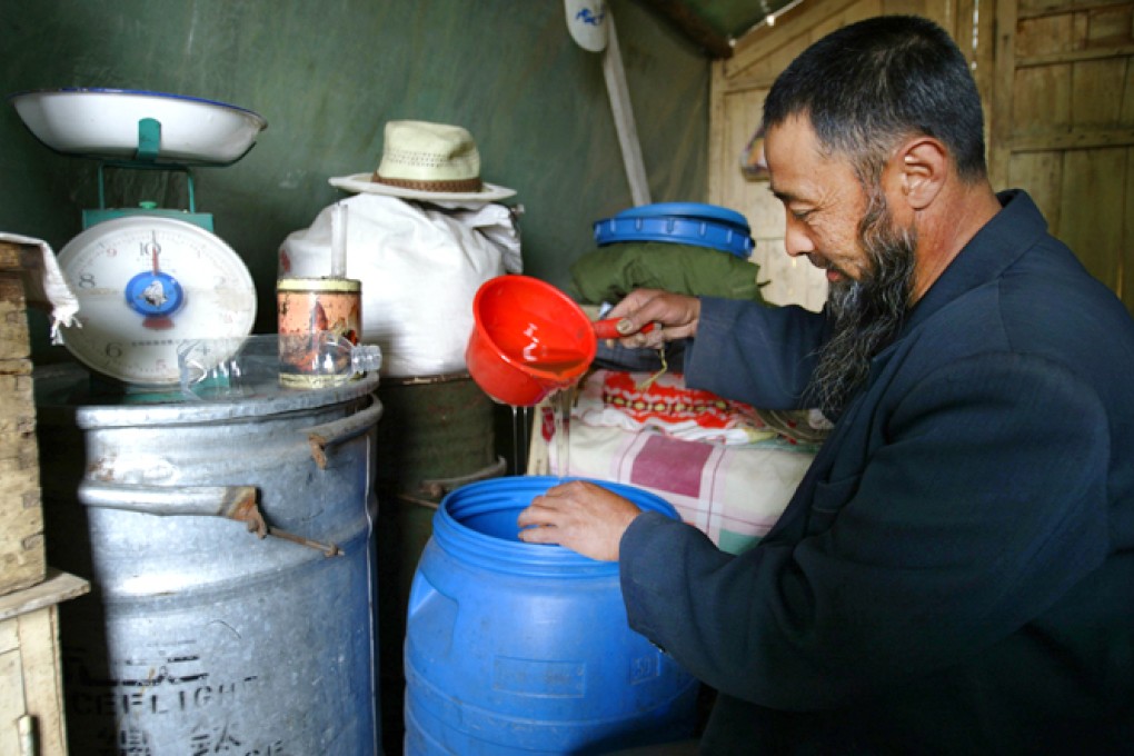 A beekeeper checks honey collected on the outskirts of Beijing. Photo: Xinhua