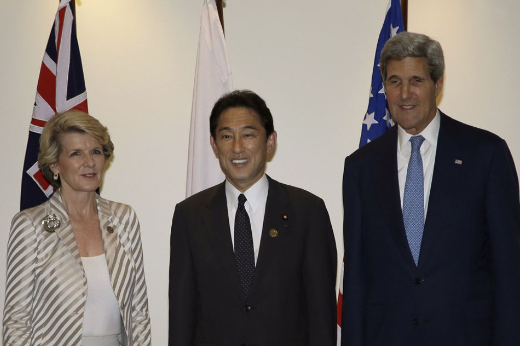 (From left) Australia's Foreign Minister Julie Bishop, Japanese Foreign Minister Fumio Kishida and US Secretary of State John Kerry at their trilateral meeting ahead of the APEC forum in Bali. Photo: Reuters