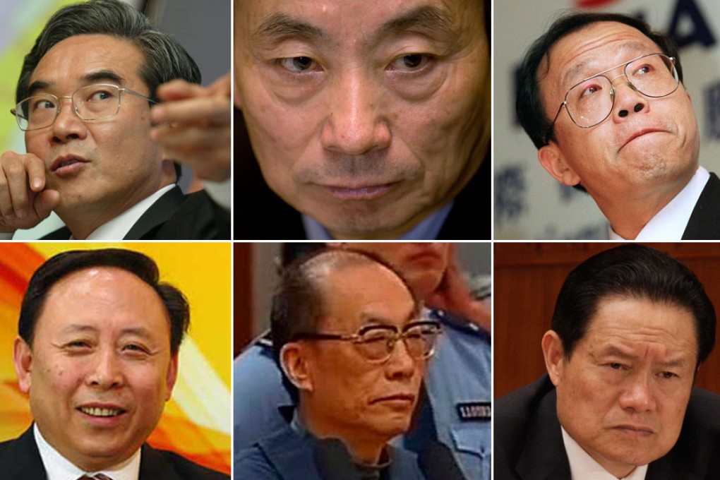 Leaders busted for graft: (clockwise from top left) Chen Tonghai, Jiang Jiemin, Li Peiying, Zhou Yongkang, Liu Zhijun and Kang Rixin.
