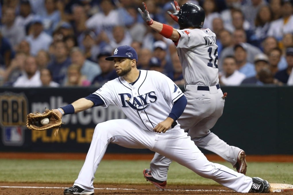 Red Sox's Shane Victorino on first base as Rays first baseman James Loney catches the throw. Photo: AP
