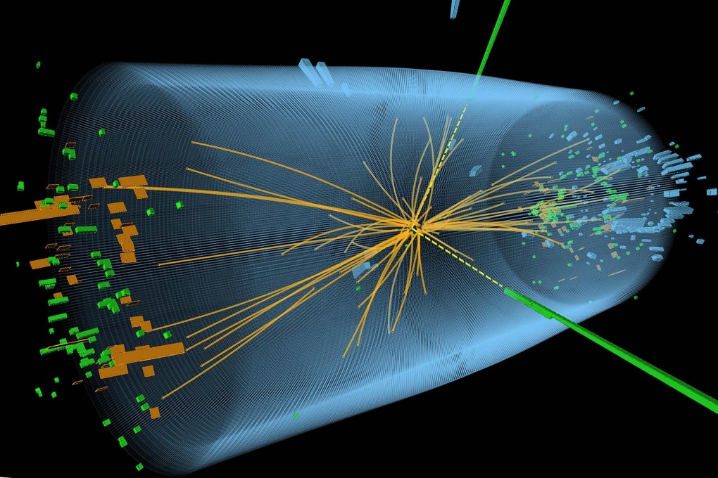 A graphic shows a representation of a collision between protons as part of the search for the "Higgs" boson. Photo: AFP