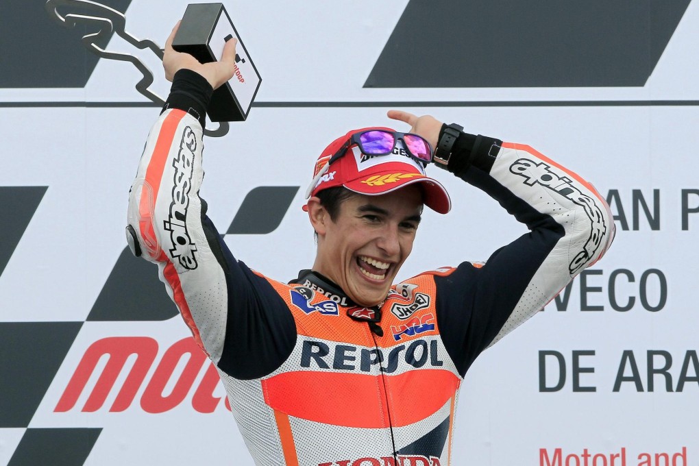 Marc Marquez on the podium after his win in Spain. Photo: EPA