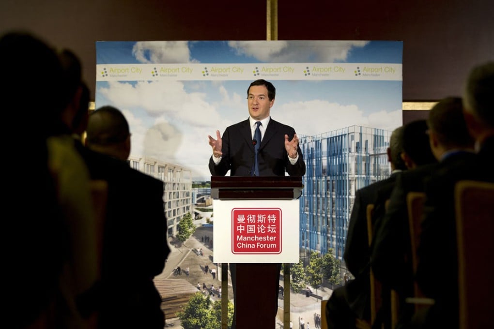 British finance minister George Osborne delivers a speech at a Manchester-China Forum in Beijing. Osborne kicked off a weeklong visit to China with the announcement of an £800 million joint venture to develop land around Manchester Airport. Photo: AP
