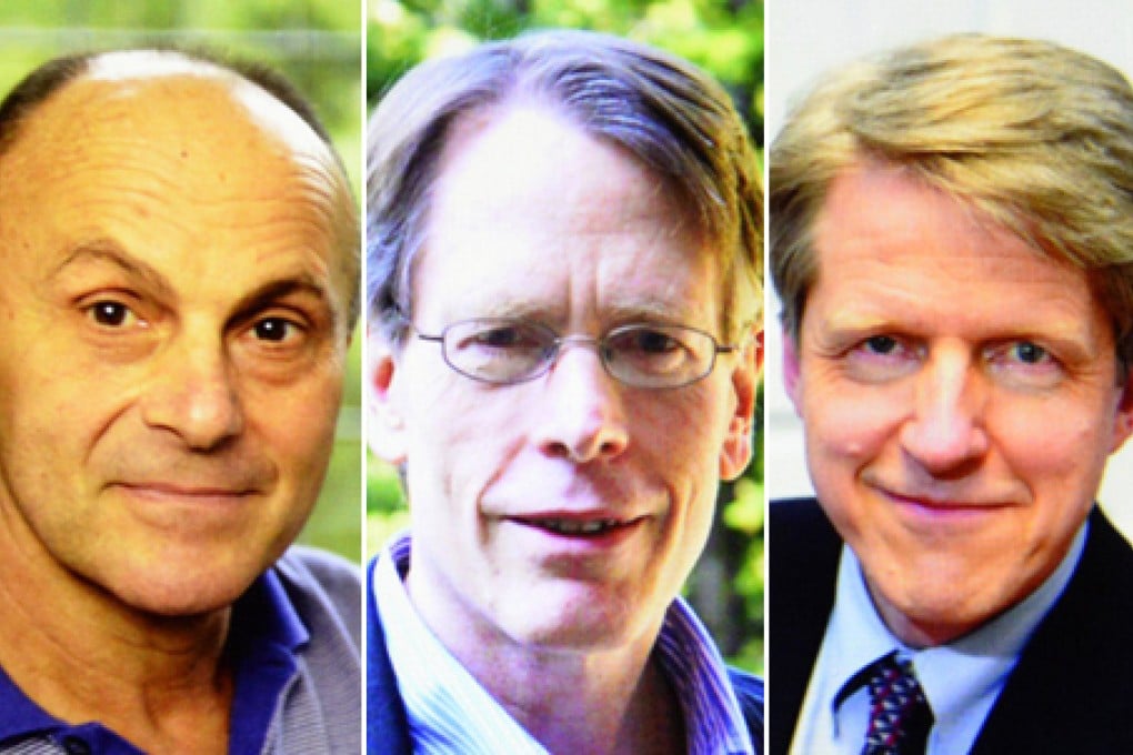 Eugene Fama, Lars Peter Hansen and Robert Shiller. Photos: AFP