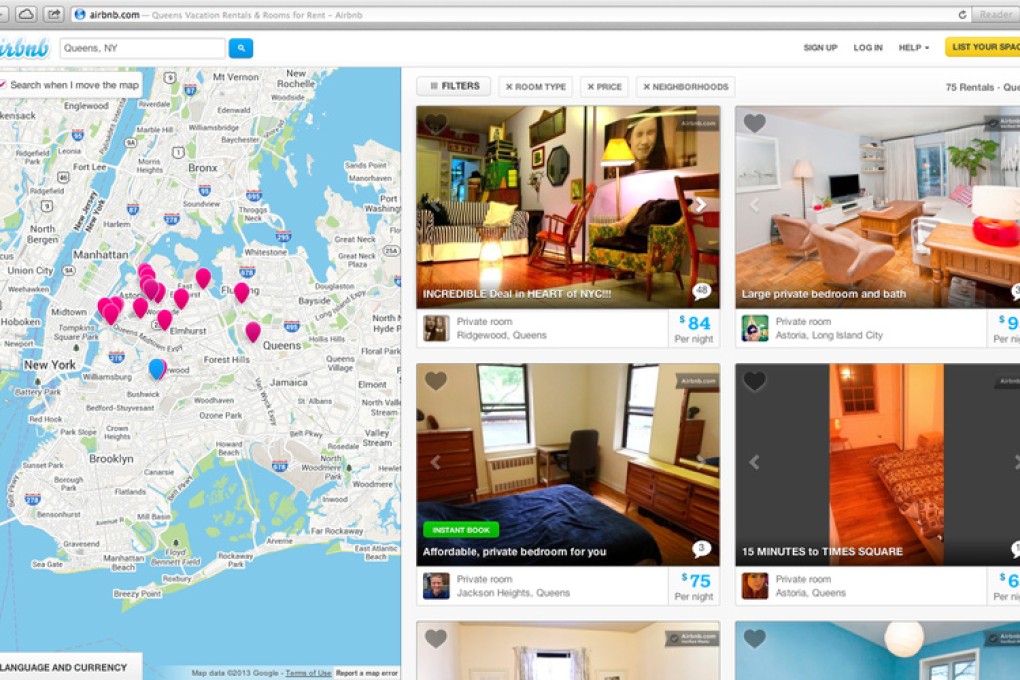 Screen shot provided by Airbnb showing a typical search for listings of rooms to rent in New York through Airbnb. Photo: AP