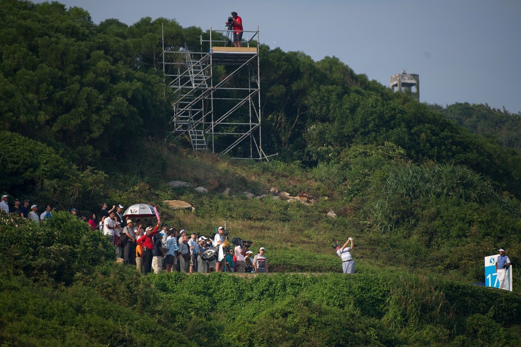 South African Ernie Els at the signature 17th hole at the Venetian Macau Open where the tee box is cut into a mountain. Photos: David Paul Morris/Asian Tour