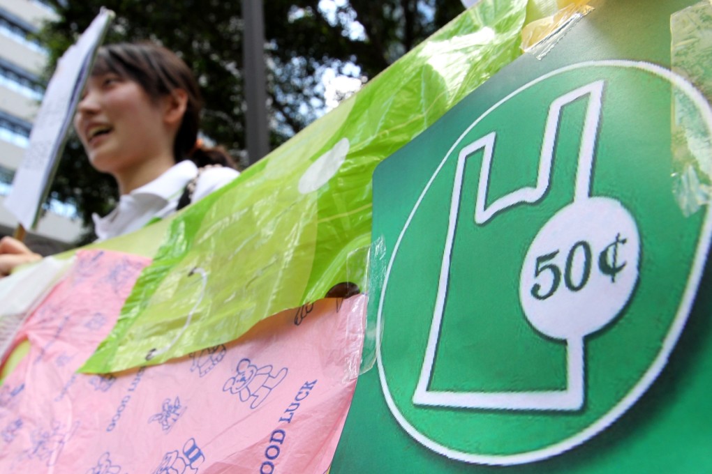 Greeners Action members marched to Environmental Protection Department Wan Chai offices urging plastic bag laws cover all dry goods. Photo: Dickson Lee