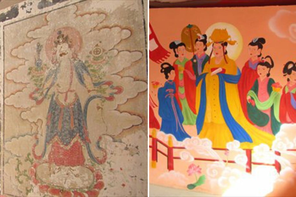 Photos from eastday.com show an original painting  and one that replaced it at the Yunjie Temple in Chaoyang, Liaoning.