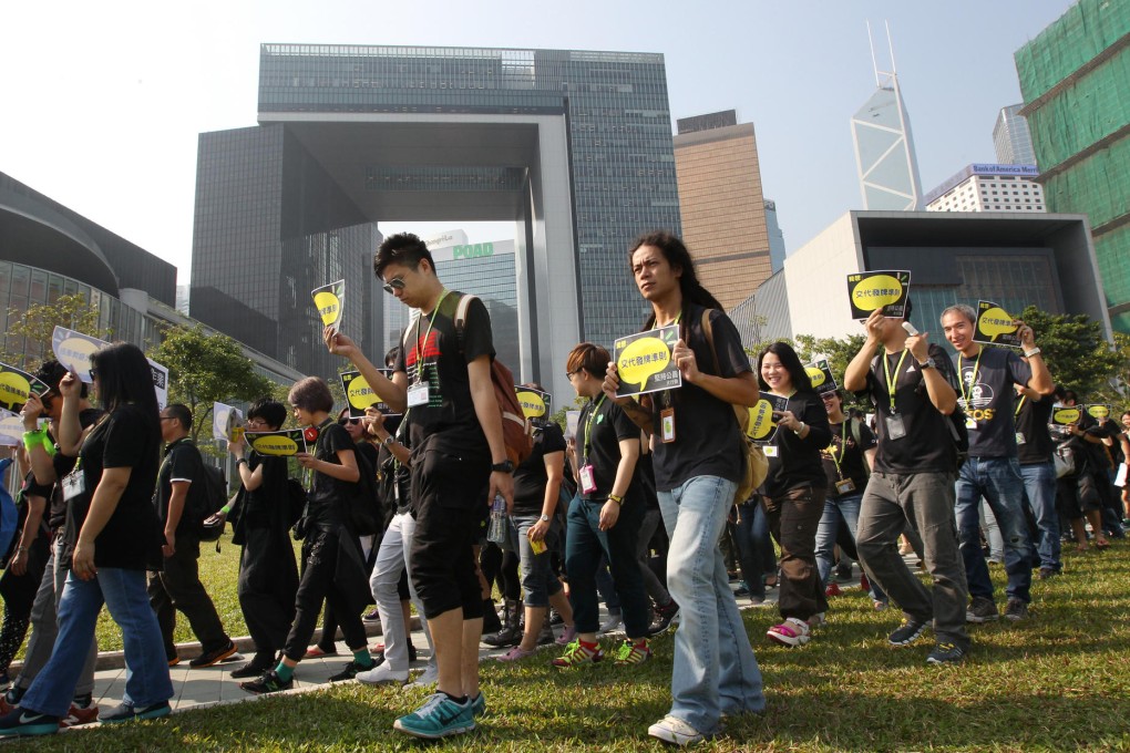 HKTV protesters might have to move from outside government headquarters if the Transformers move in. Photo: Felix Wong