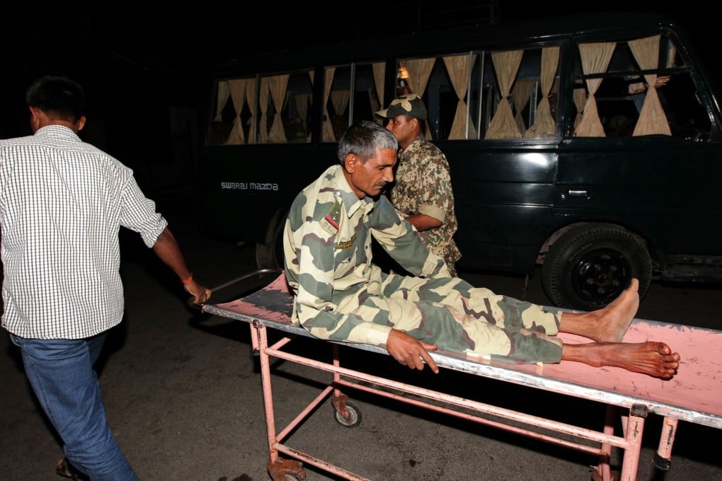 An Indian Border Security Force soldier, wounded at the India-Pakistan border. Photo: AFP