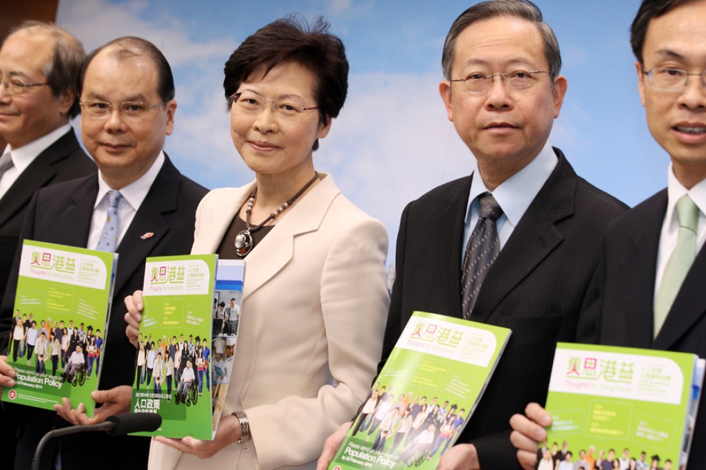 Eddie Ng hak-kim, Matthew Cheung Kin-chung, Carrie lam, Lai Tung-kwok and Patrick Nip attend a press conference to launch the Public Engagement Exercise on Population Policy. Photo: Dickson Lee