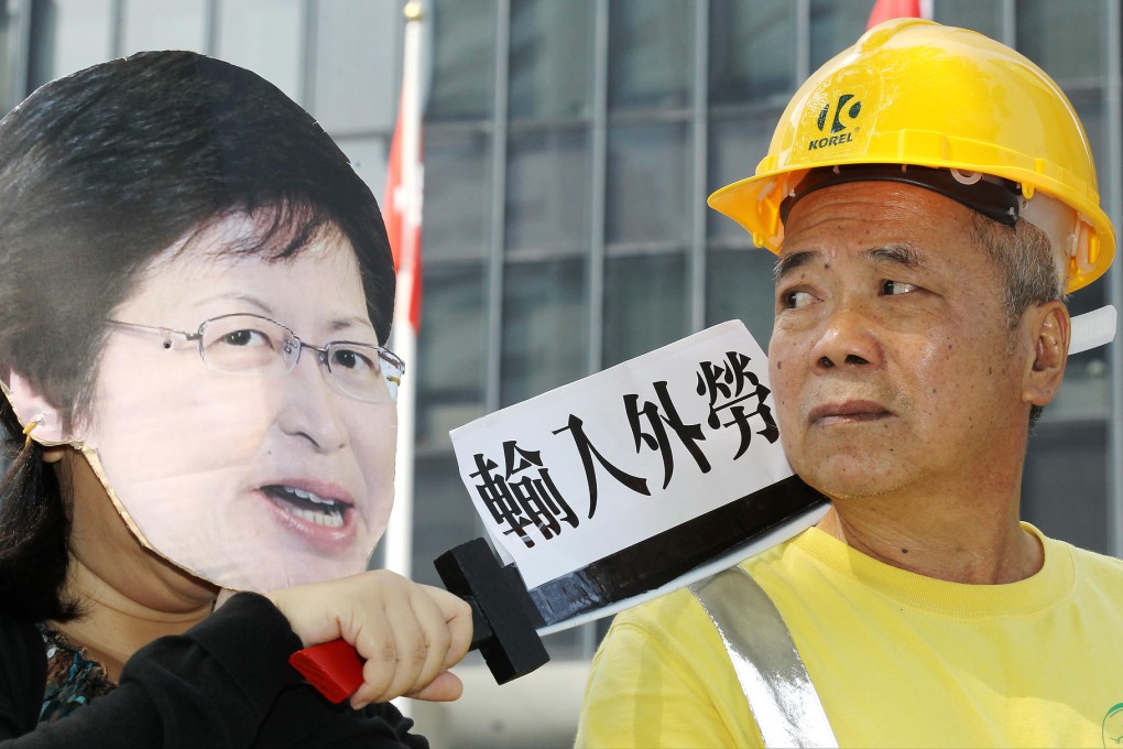 Trade unions protest against imported labour. Photo: Edward Wong