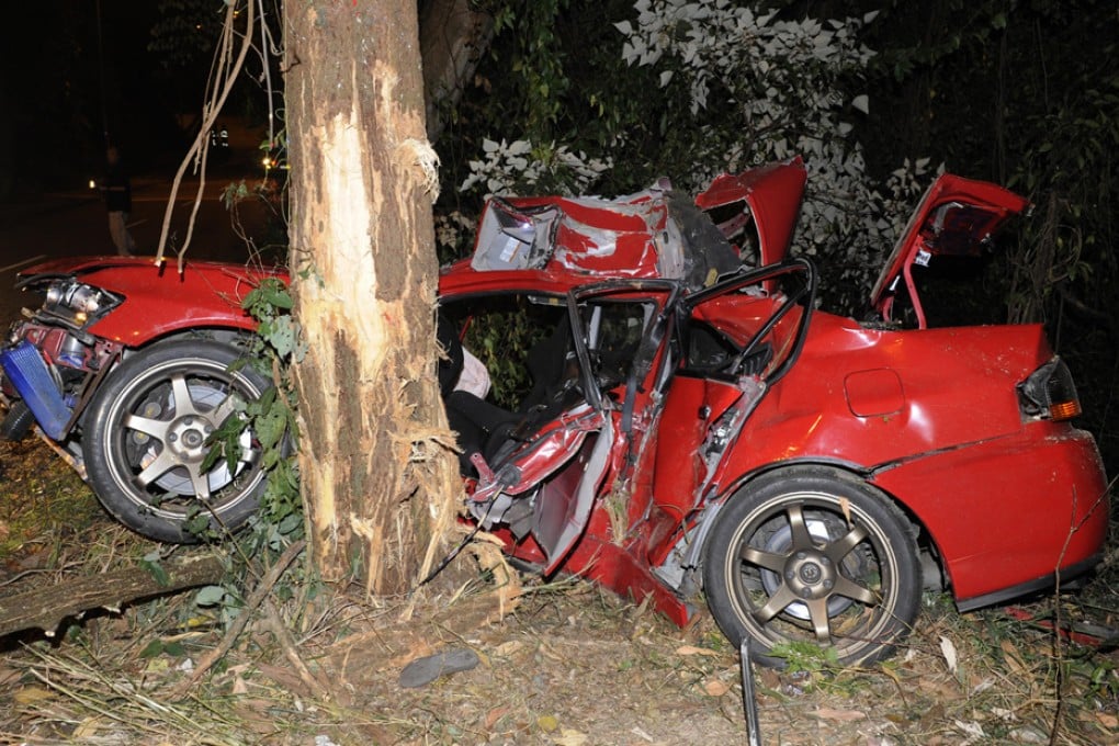 The driver hit a tree after losing control of the car on Bride’s Pool Road in Tai Po. Photo: SCMP