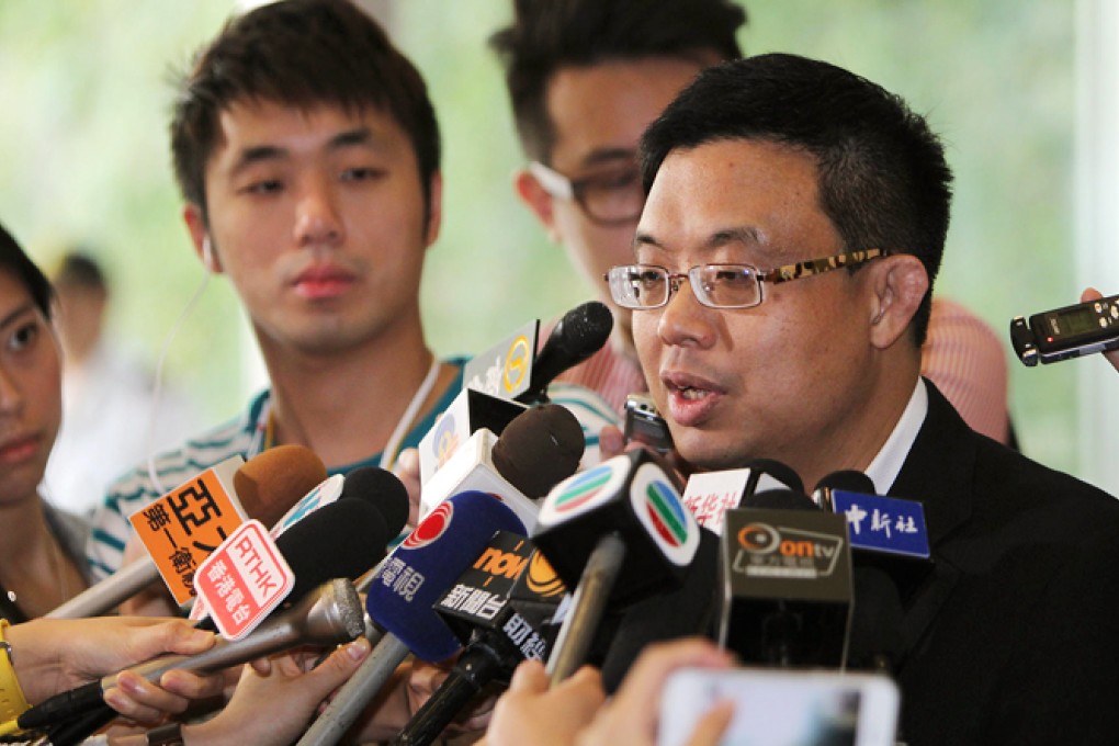 Legislator James To talks to media before meeting Manila City Council member Bernardito Ang at government headquarters. Photo: Nora Tam