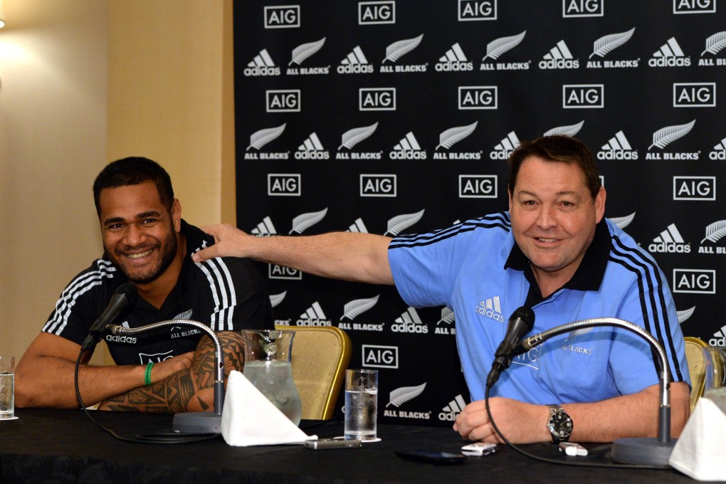 All Blacks coach Steve Hansen jokes with new cap Frank Halai. Photo: AFP