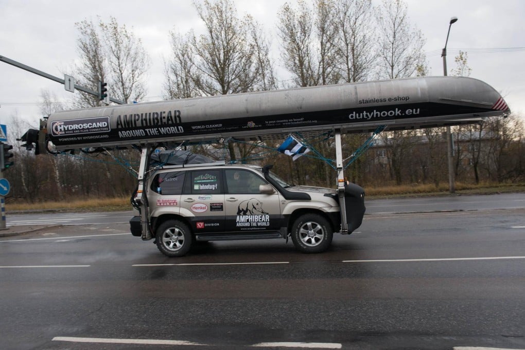 Mait Nilson will drive and sail 60,000 km in 'Amphibear'.