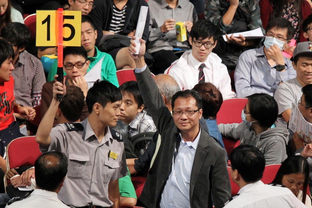 Richard Tsoi (front, right) bids on behalf of the Hong Kong Alliance in Support of Patriotic Democratic Movements in China. Photo: Dickson Lee