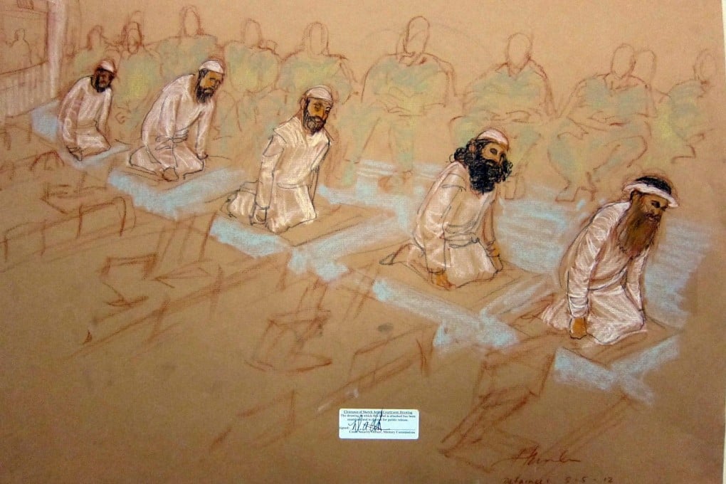 A sketch drawn at a court in Guantanamo Bay depicts several men charged with planning the September 11, 2001, attacks. Photo: EPA