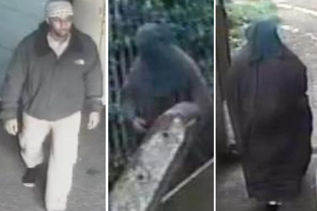 CCTV footage shows Mohamed entering a mosque wearing Western-style clothes (left) and later leaving in a burqa. Photo: AFP