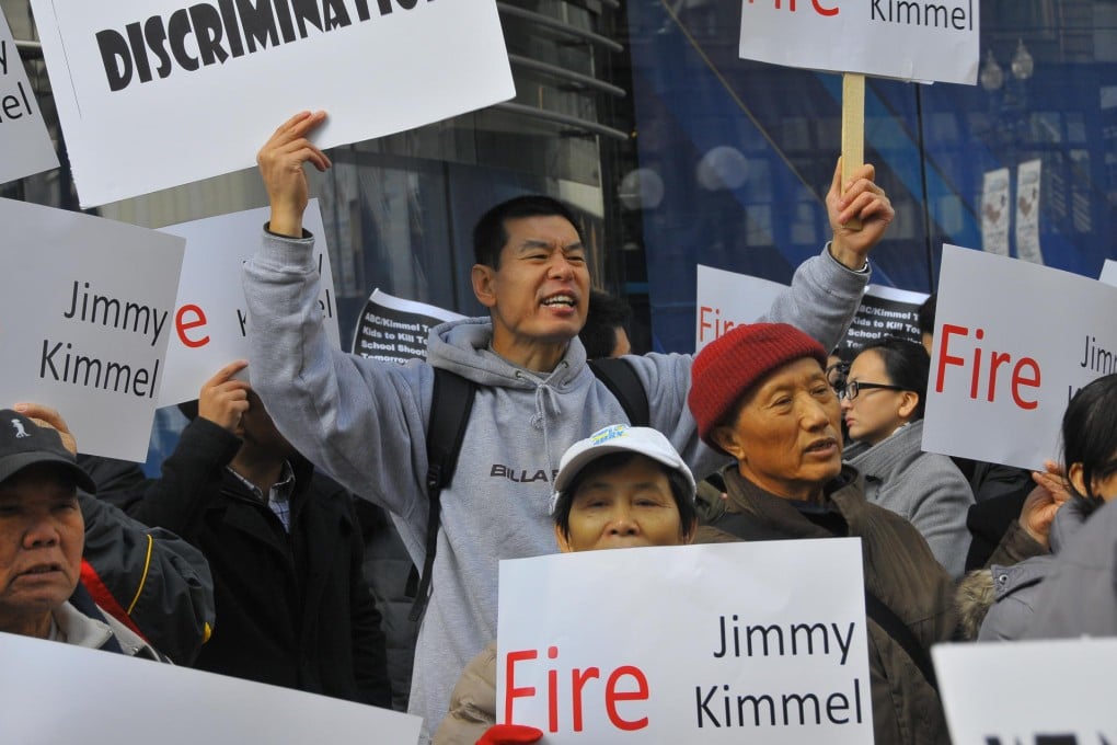 Protesters demanding the Kimmel show's axing rally outside the ABC offices in Chicago. Photo: Xinhua
