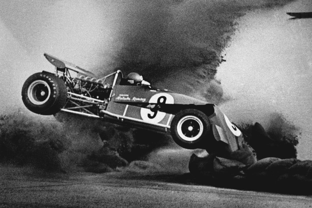 An appalling crash in the 1970 Macau Grand Prix caused by Australian driver Malcolm Ramsay taking part in the race using goggles borrowed from a motorcyclist. Photo: SMP