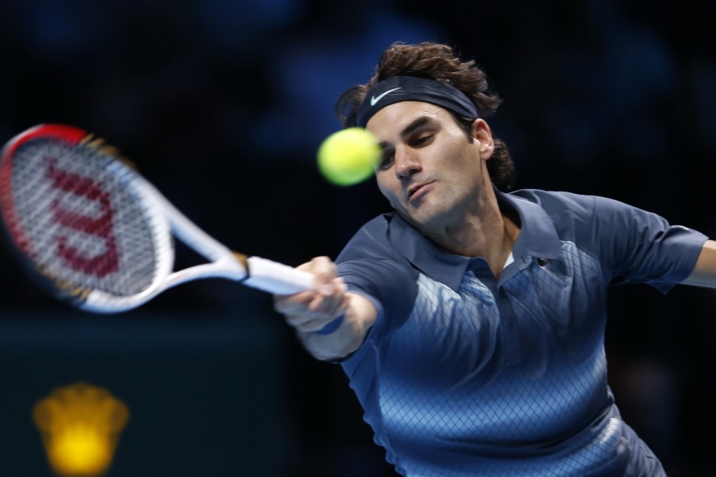 Roger Federer of Switzerland in action against Juan Martin del Potro of Argentina