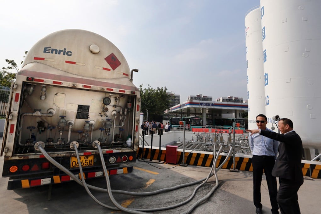 LNG is being pumped into the fuel tank of a public bus LNG refueling station in Shenzhen. Space constraints limit Hong Kong's land available for depots and refilling stations.