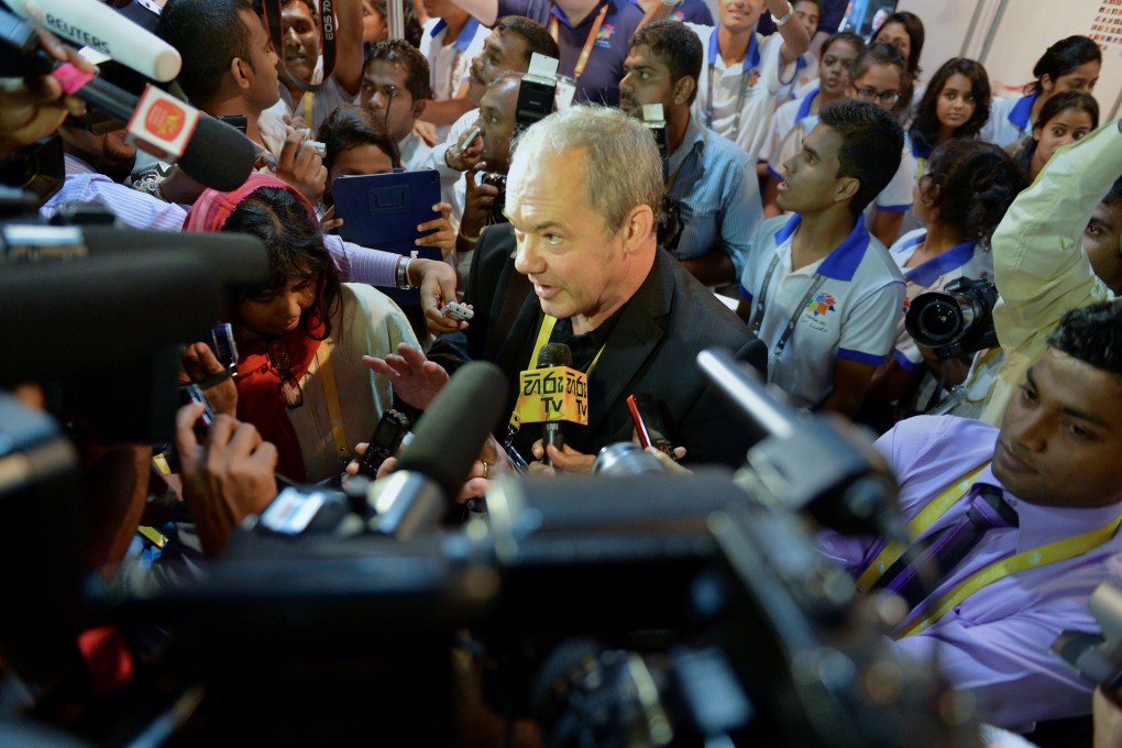 British Channel 4 television director Callum Macrae (C) at Colombo. The Channel 4 news team becomes a frequent target of pro-government protests for the Channel's award-winning documentary on alleged war crimes during Sri Lanka's ethnic war. Photo: AFP