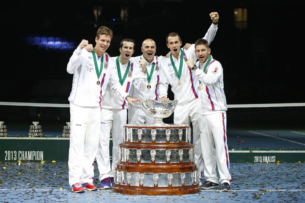 The Czech Republic's Tomas Berdych, Radek Stepanek, captain Vladimir Safarik, Lukas Rosol and  Jan Hajek pose with the Davis Cup trophy. Photo: Reuters