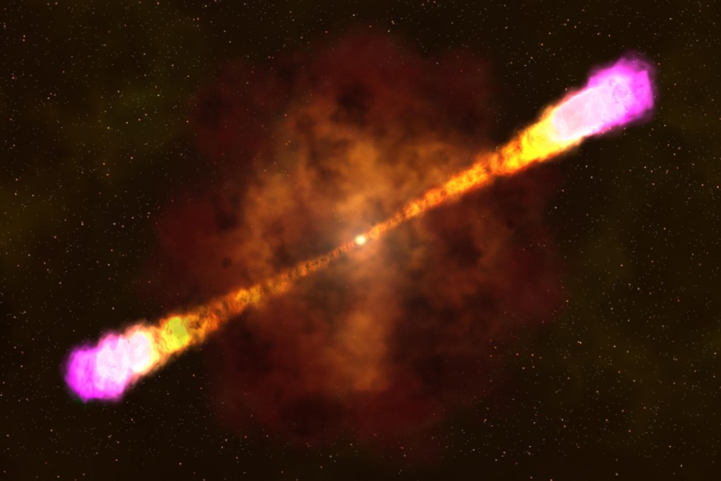 An artists impression of how a gamma ray burst occurs with a massive star collapsing, beaming out focused and deadly light. Picture: AP