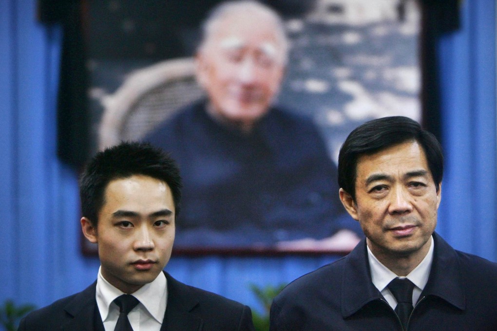 Bo Xilai (right) and his son stand in front of a portrait of his father, the late veteran revolutionary Bo Yibo. Photo: Reuters