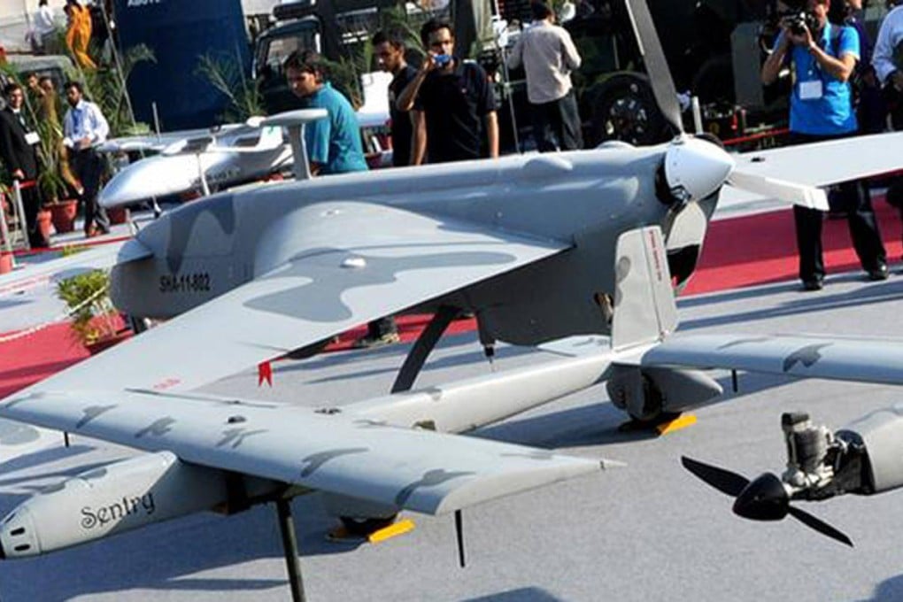 The Shahpar drone is displayed at a Karachi defence exhibition.