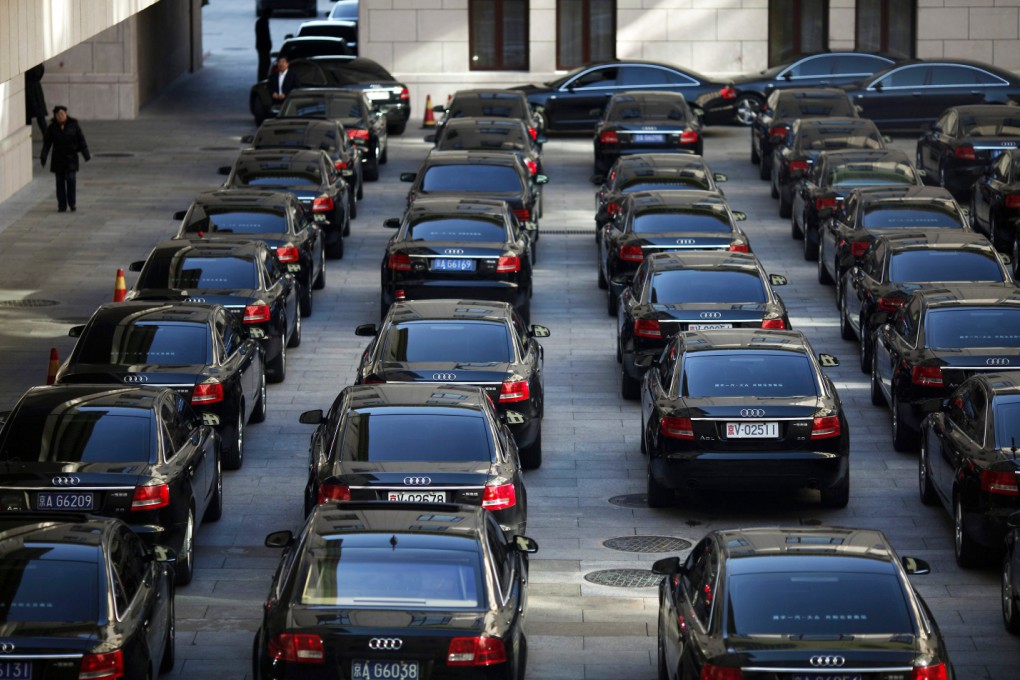 Government cars parked outside the Great Hall of the People during the 18th National Congress of the Communist Party earlier this year. Photo: Reuters